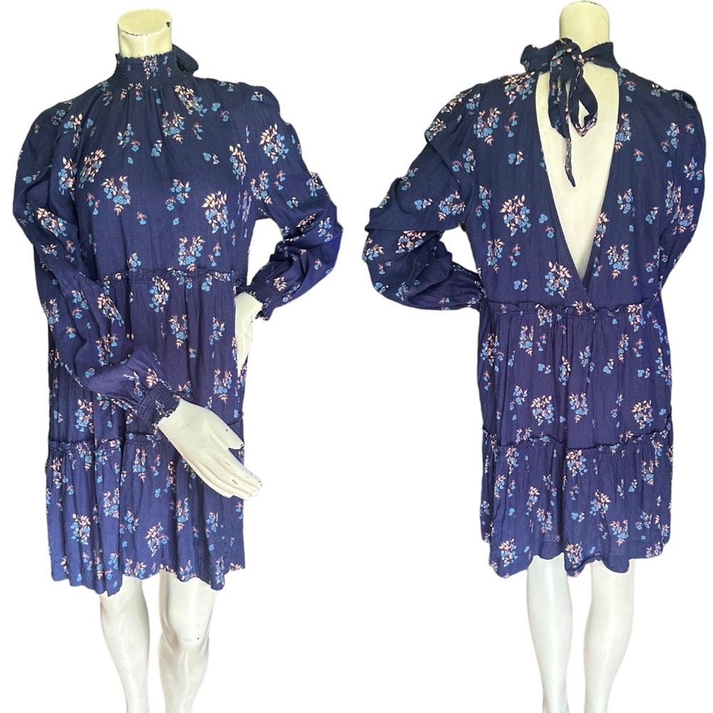Free People High Neck Long Sleeve Open Back Navy Floral Linen Blend Dress Large